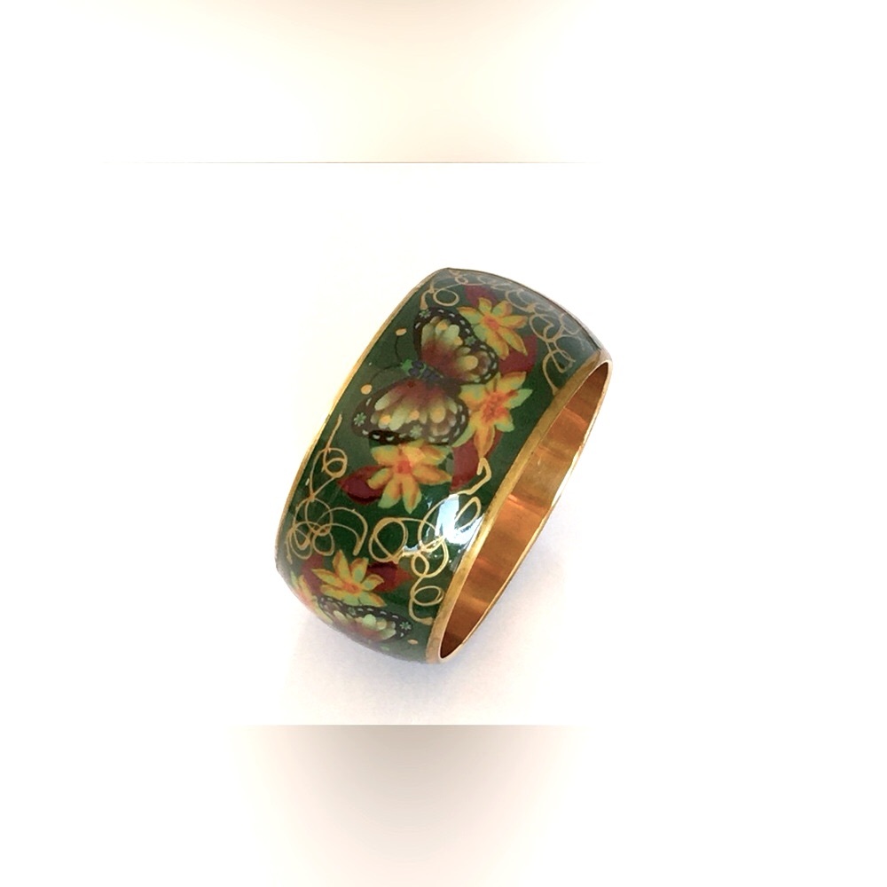 Vintage 70s 80s Brass Bangle - Vibrant Green With Butterflies & Flowers Boho